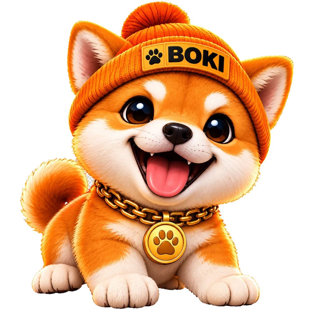 Boki, a smiling orange Shiba pup wearing a BOKI beanie and gold paw necklace